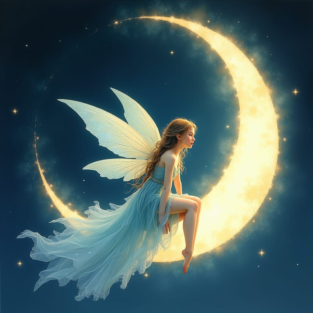 Ethereal Fairy on Crescent Moon in Whimsical Style