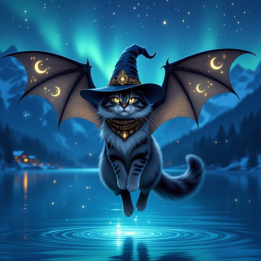 Cat Witch Floating Over Enchanted Swiss Lake