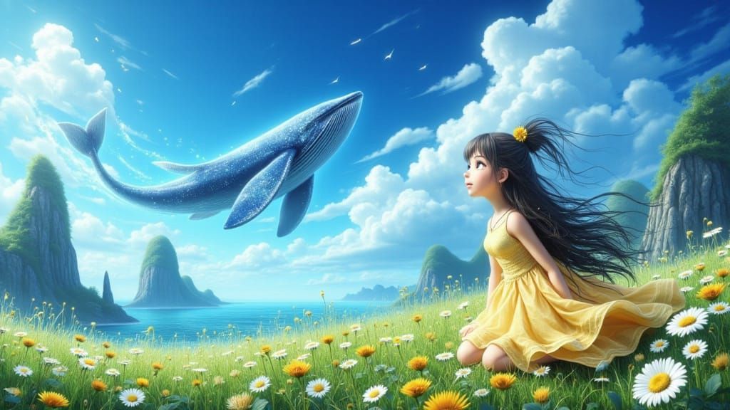 Anime Goddess Soars Among Whales in a Dreamy Floral Landscap...