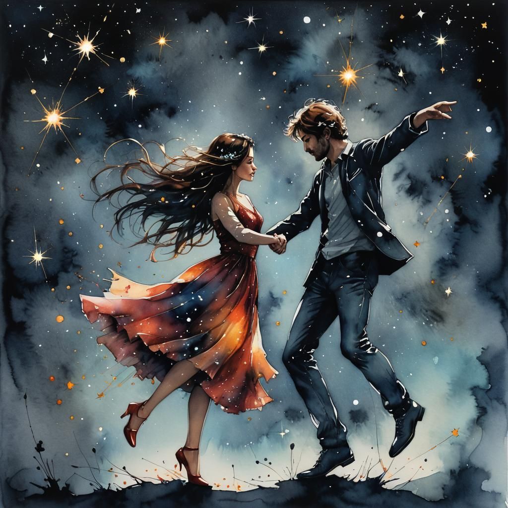 Constellation Couple Dancing in Starry Sky Watercolor