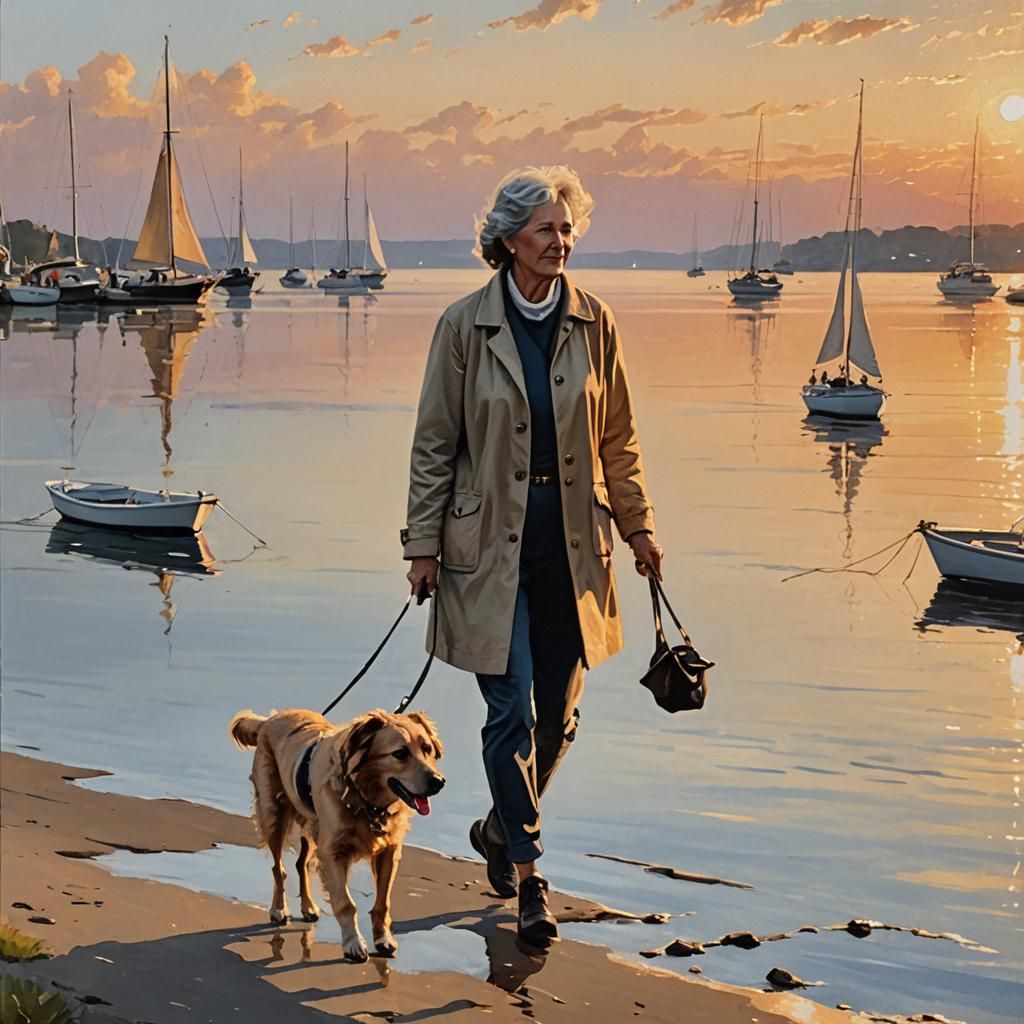 Realistic Sunset Stroll: Lady and Dog by Water