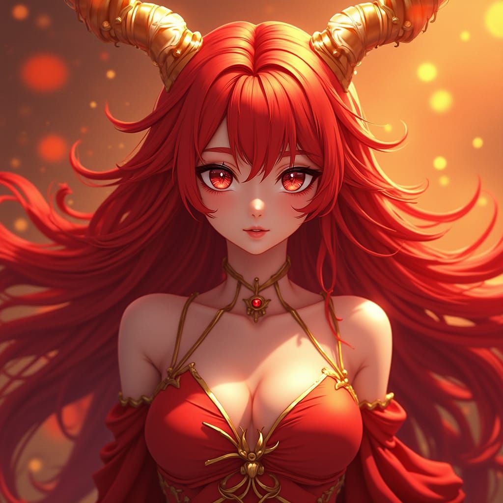 Empowered Aries Goddess in Vibrant Red Hair