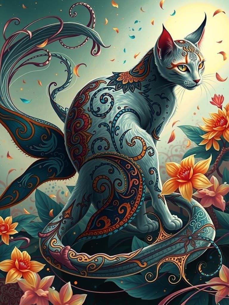 Surreal Whimsy Cat in Vibrant Love Forest