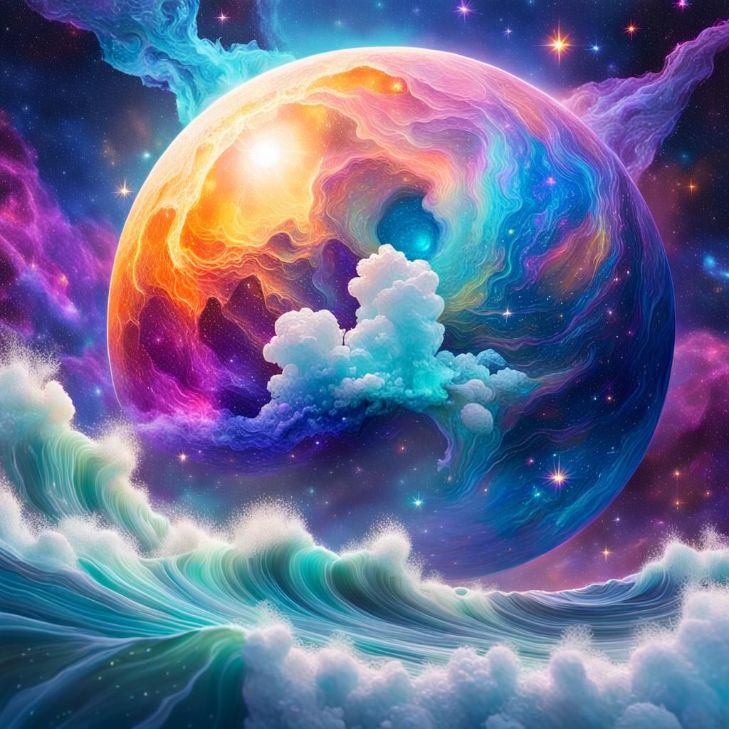 Cosmic Galaxy with Moon and Stars in Mixed Media