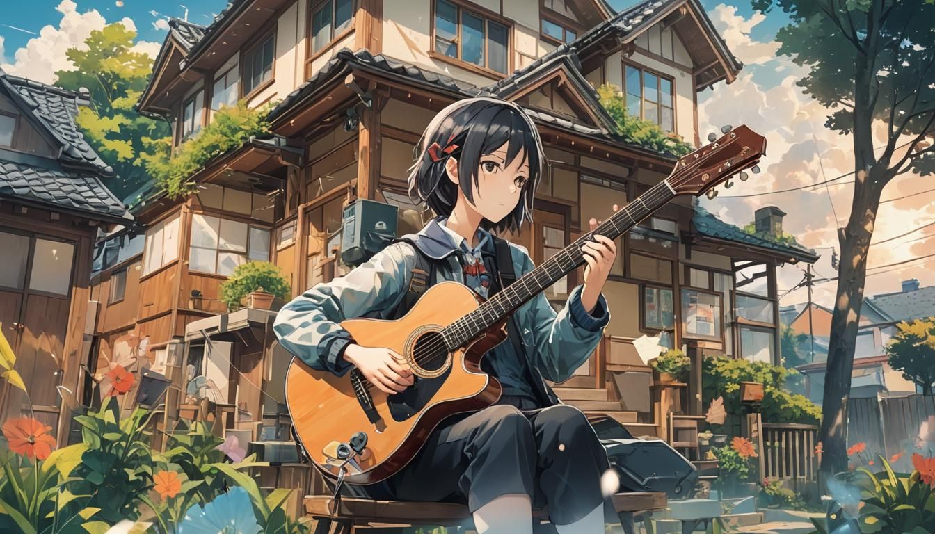 Double Exposure House and Guitar in Anime Style