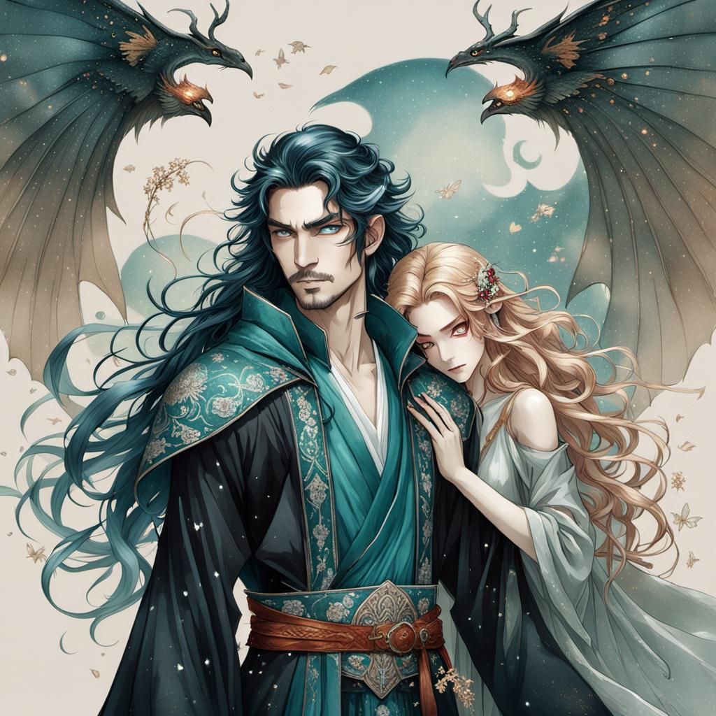 Wizard and Fairy Embrace in Mystical Realm