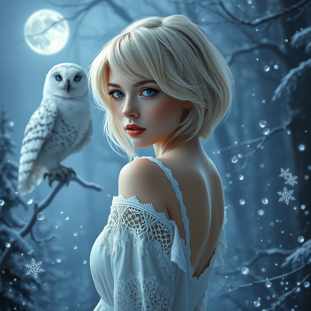 Blonde Woman and Snow Owl in Ethereal Forest