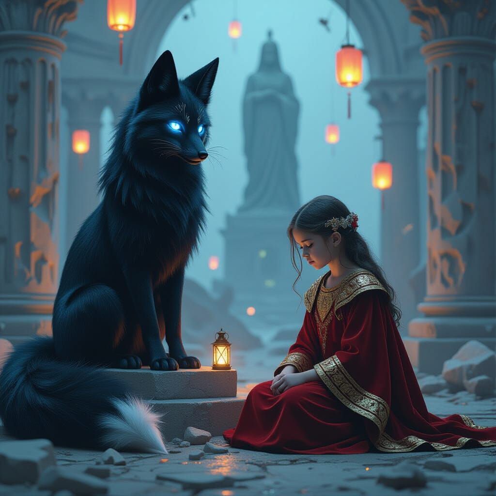 Dystopian Girl and Fox in Abandoned Courtyard