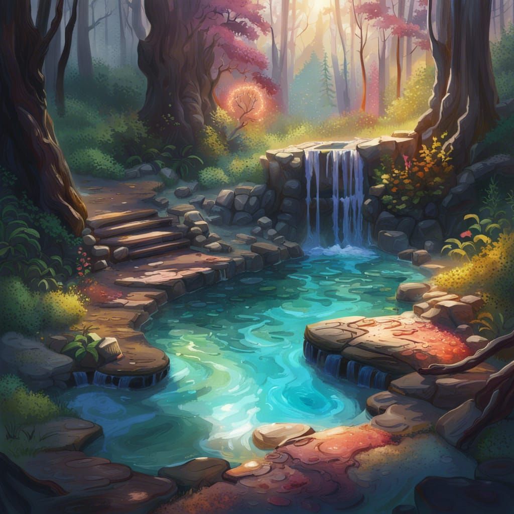 Ethereal Forest Hot Spring in Hyperrealistic Style