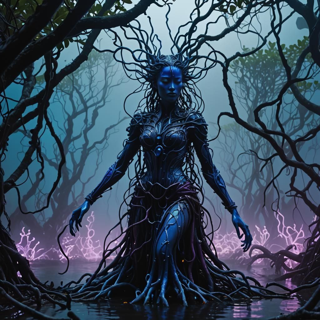 Neon Sculpture in Dark Fantasy Film Still