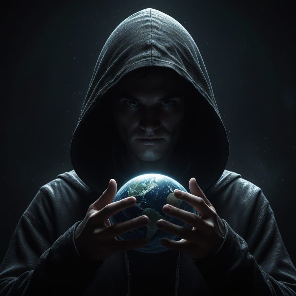 Mysterious Hooded Figure Holds Planet Earth, Cinematic Conce...