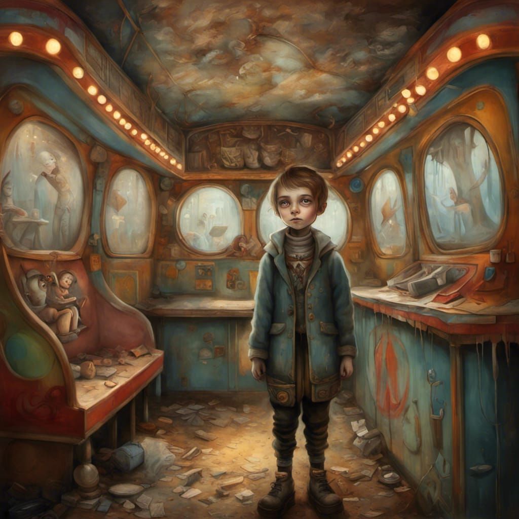 Boy in Abandoned Carnival: Detailed Fantasy Art