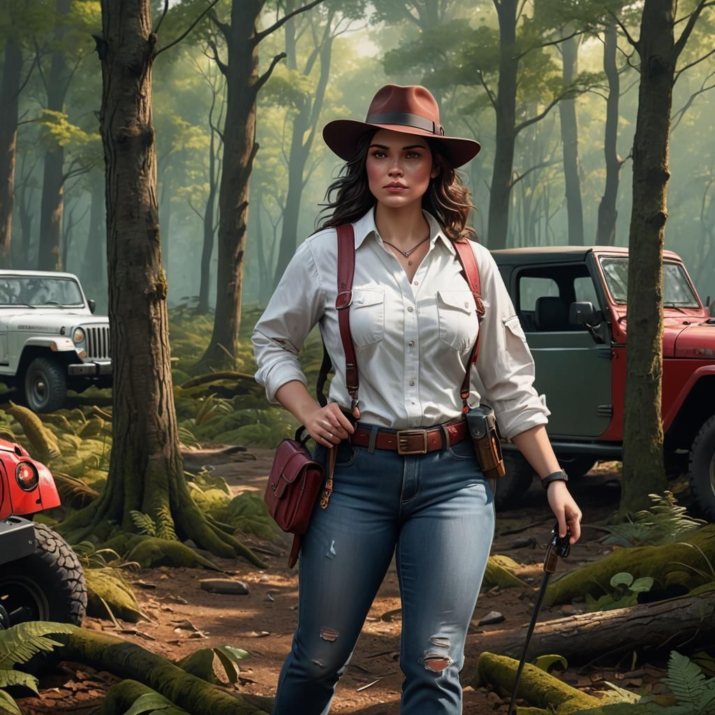 Plus Size Explorer in the Woods with Red Jeep