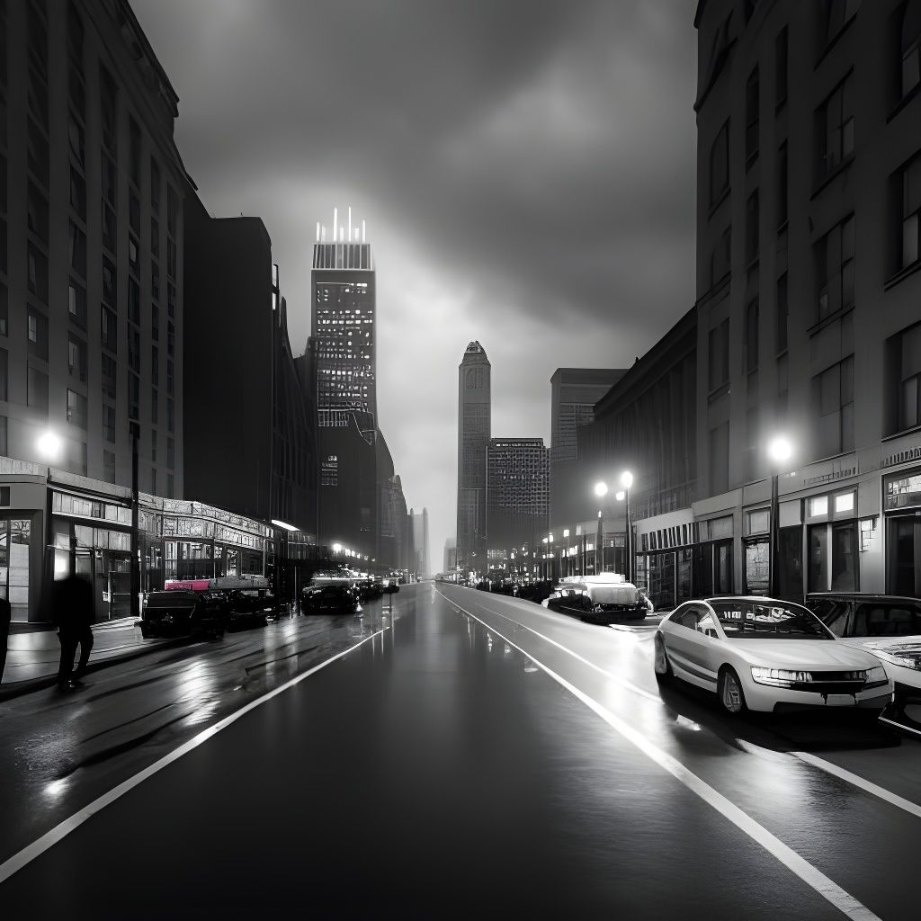Noir Chicago Street Scene in Rain, Detailed 8K