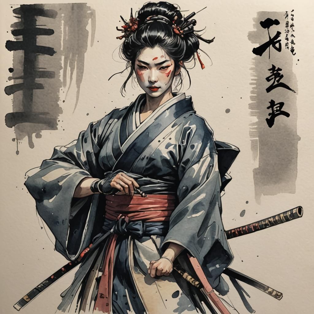 Bugeisha Sketchbook Character Sheet in Watercolor Style