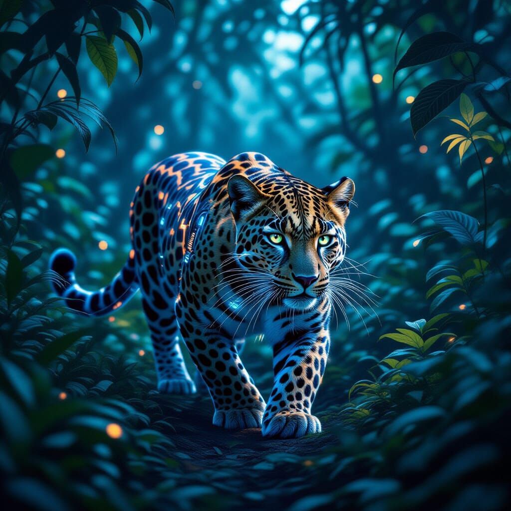 Cybernetic Leopard in Bioluminescent Jungle