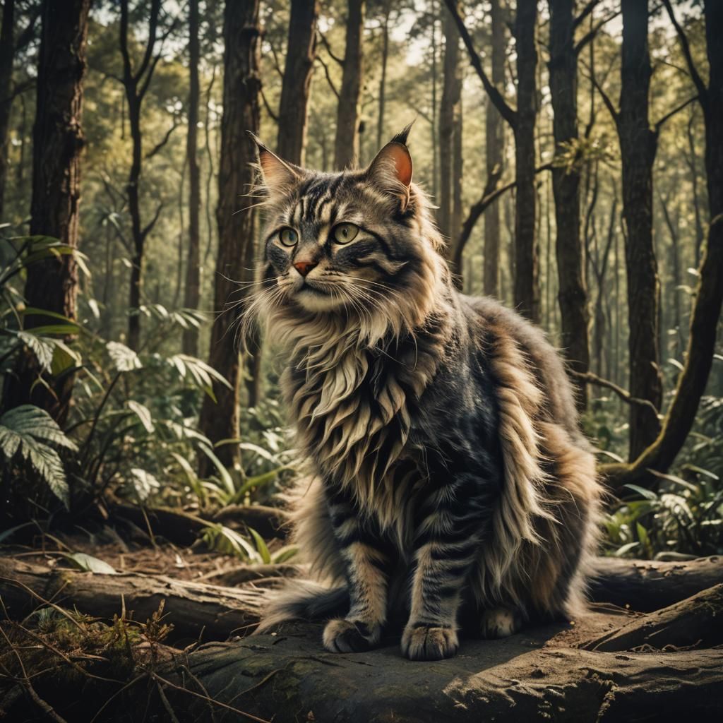 Surreal Cat in Forest Ocean, Dali-Style Photo