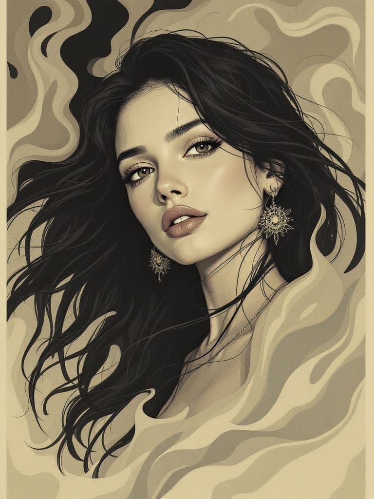 Elegant Goddess Surrounded by Whimsical Elements