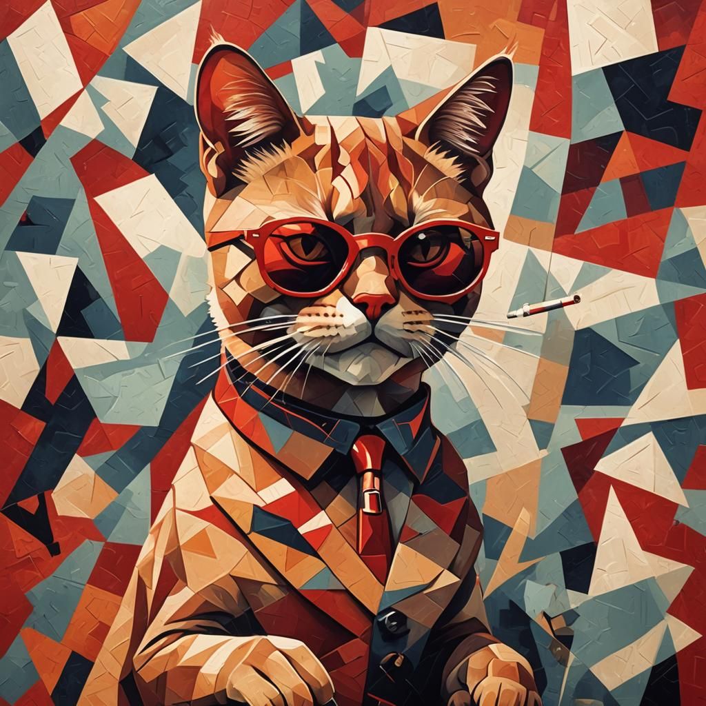 Cubist Red Cat Smoking: Geometric Art Deco