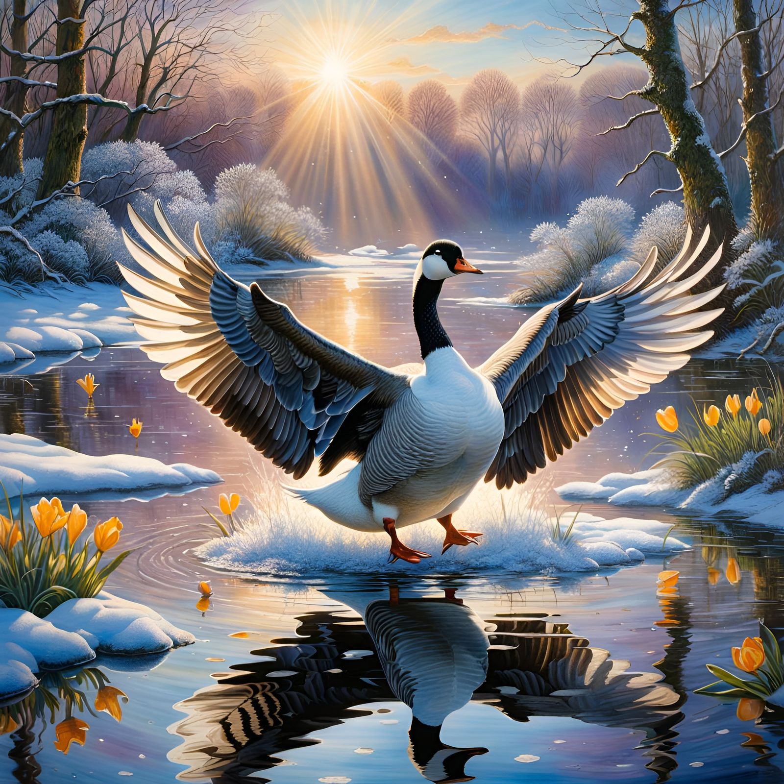 Majestic Goose Landing in Winter Pond