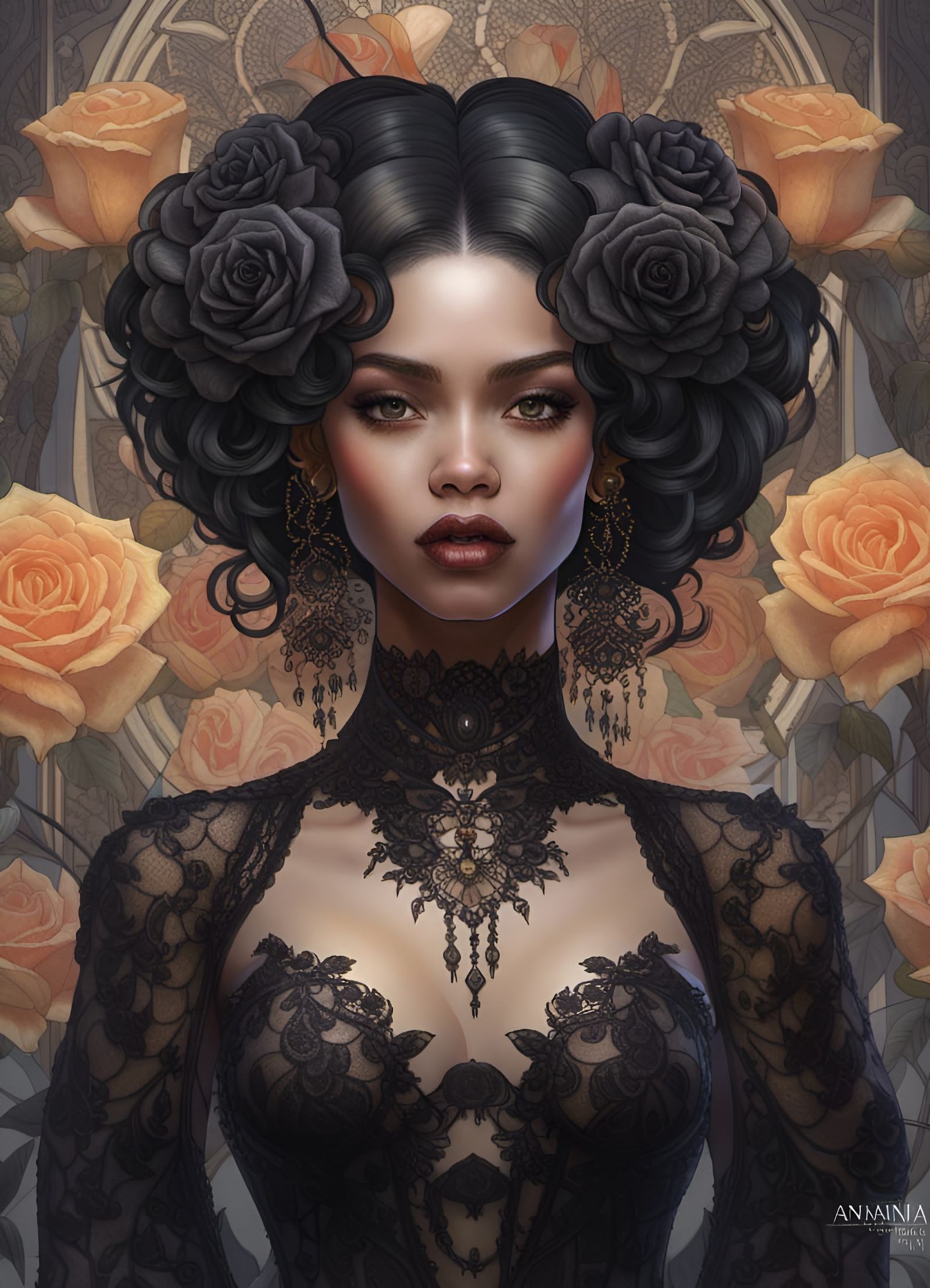 Gothic Goddess in Black Lace and Roses