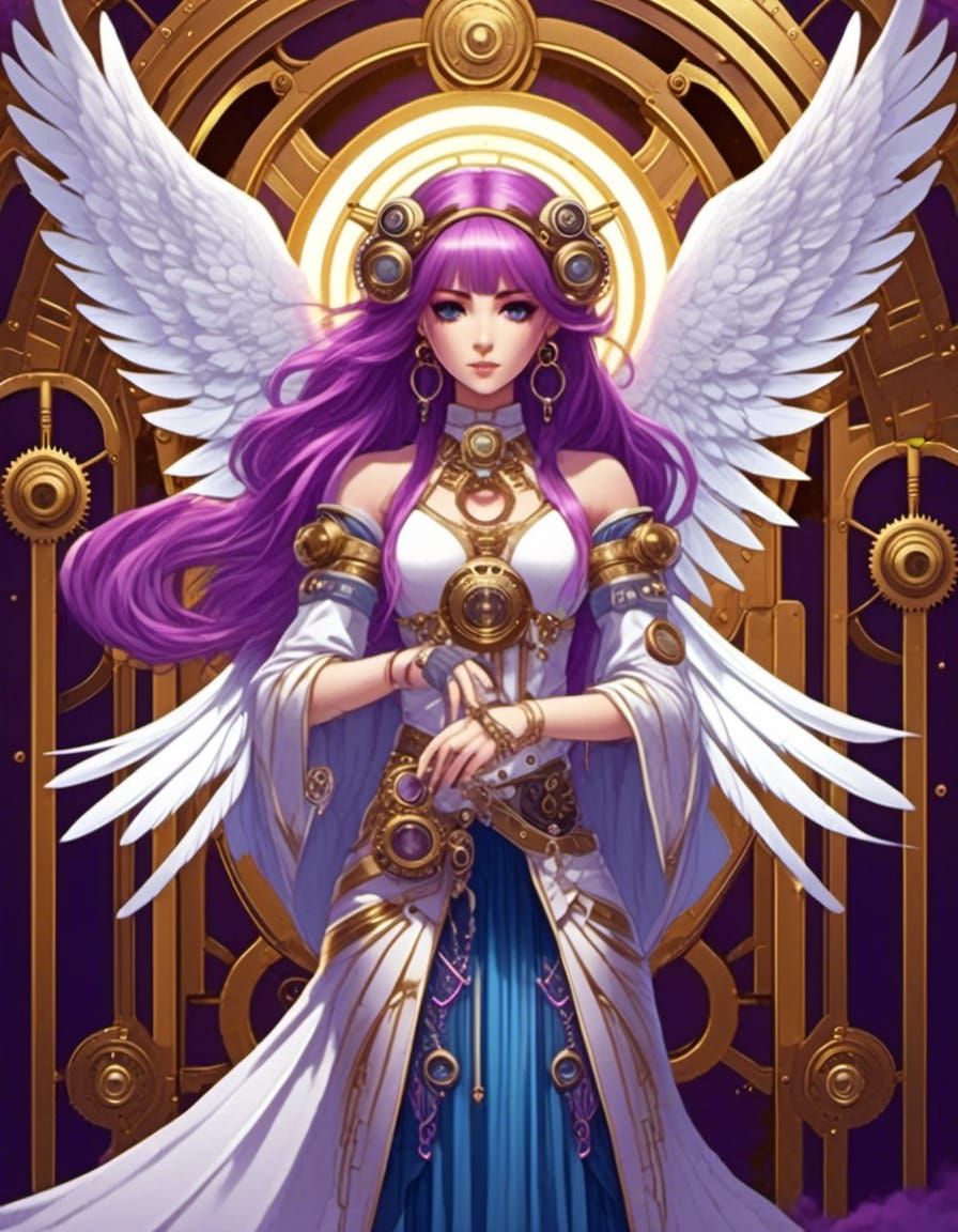 Symmetrical steampunk Anime Goddess, flowing purple hair, white eyes, alabaster white angel wings, blue & pink with purp...