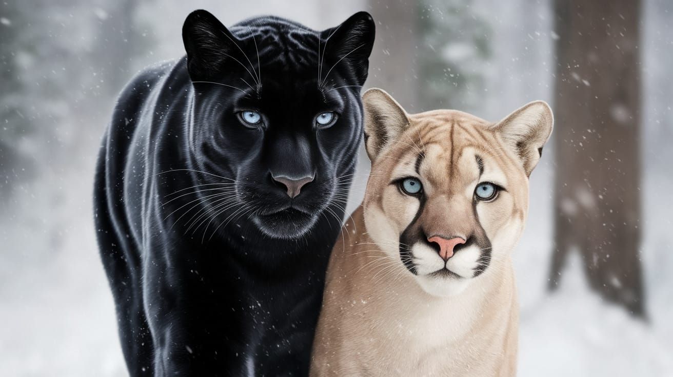 Majestic Black Panther Protects Rare Cream-Colored Cougar in...
