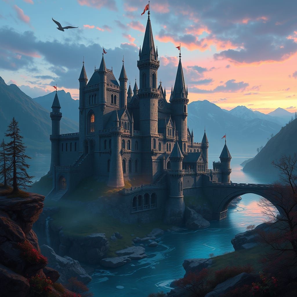 Fantasy Castle at Dusk: Digital Illustration