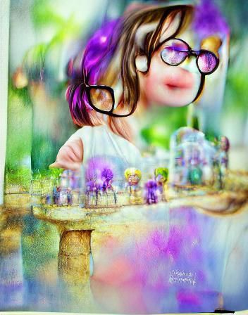 Child girl glasses purple dream happy nostalgia ambient occlusion bokeh colourful impressionism watercolor storybook ill...