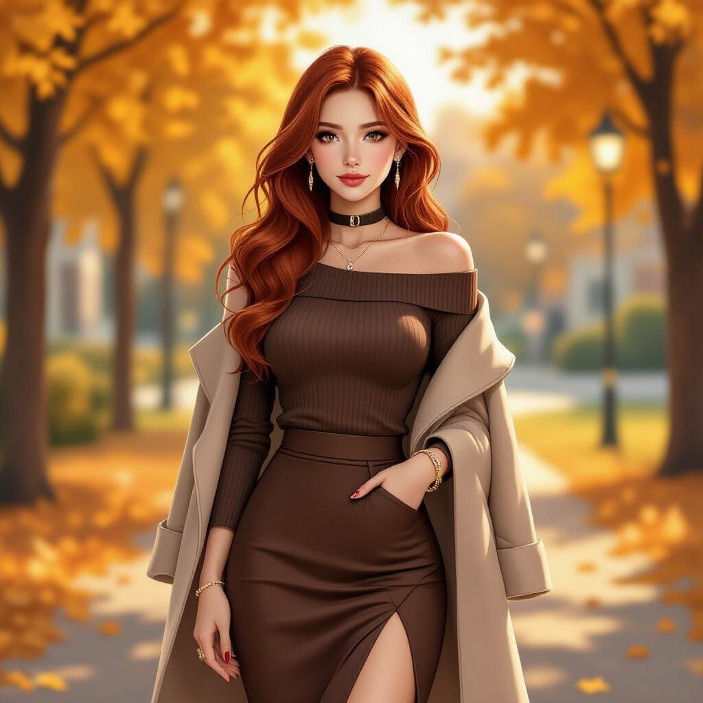 Elegant Red-Haired Woman in Chic Autumn Fashion