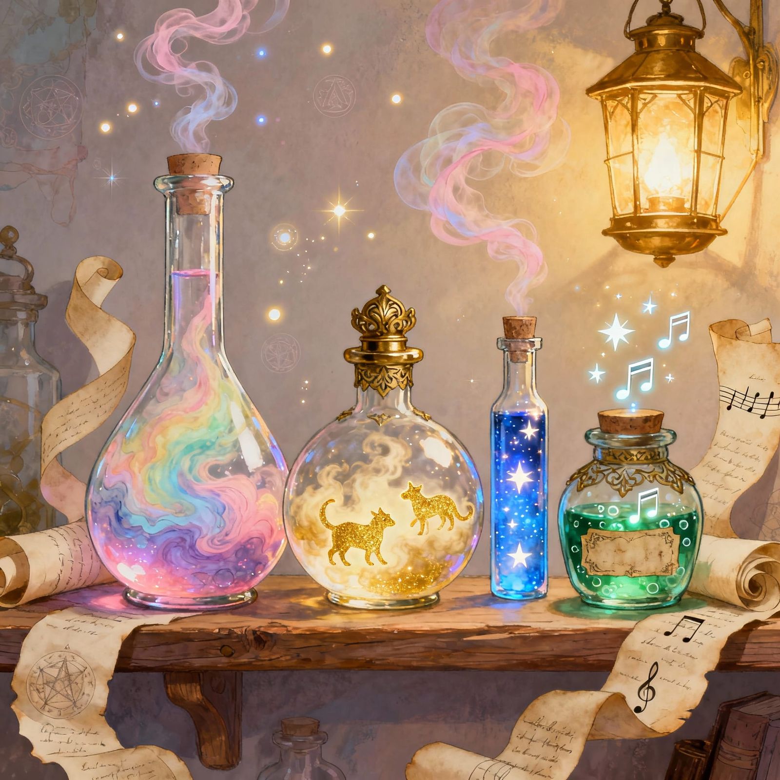 Whimsical Fantasy Potion Shelf in Retro Art Style