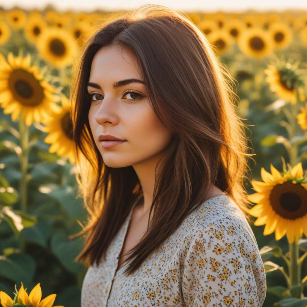 Brunette Girl in Sunflower Field as Impressionism Oil Painti...