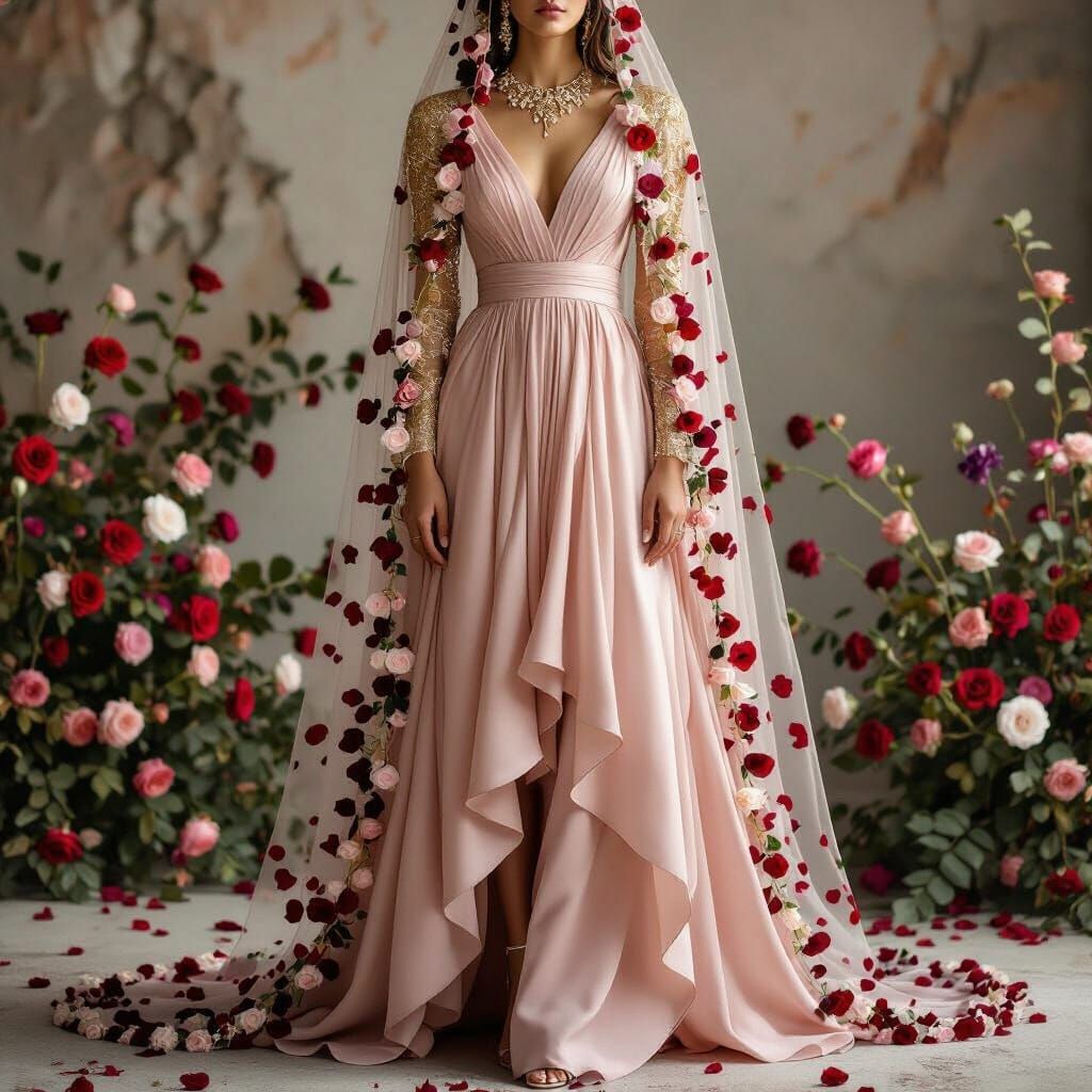 Dark Pink Rose Gown with Gold Sleeves and Petal Veil