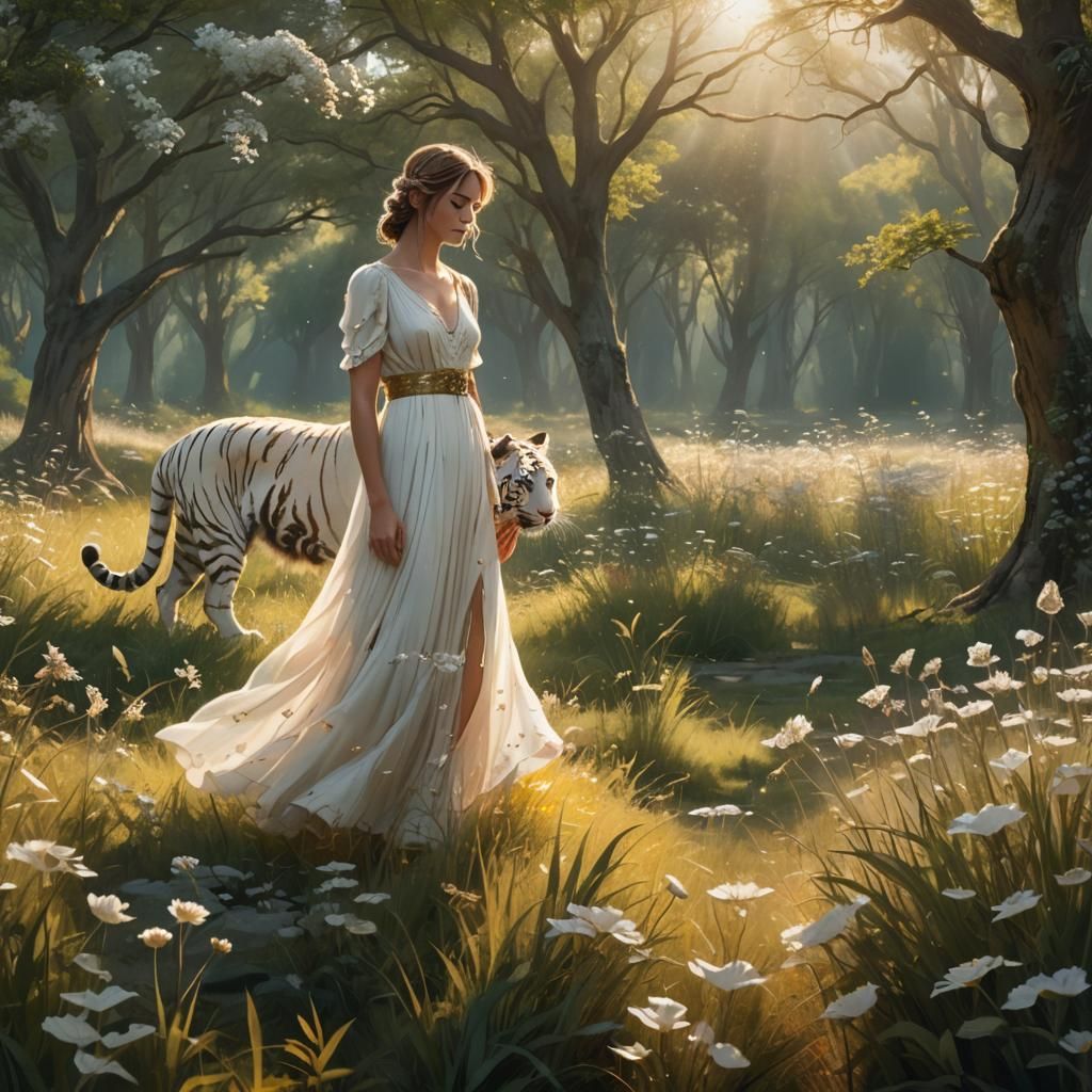 Maiden and White Tiger in Sunlit Meadow