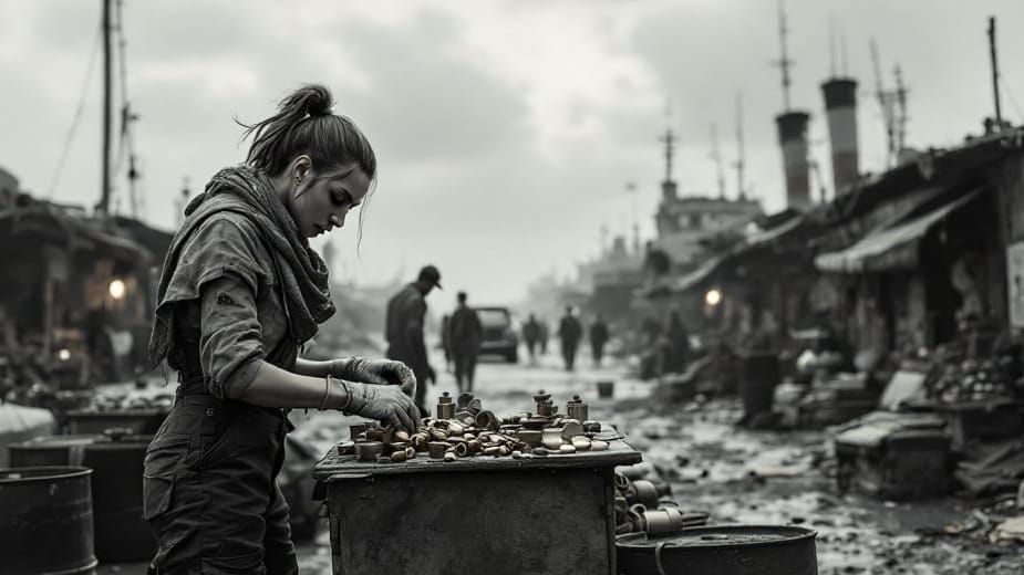 Post-Apocalyptic Marketplace with Showgirl in Moody B&W
