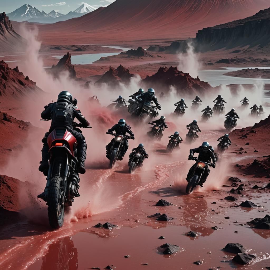 Aliens on Motorbikes Over Icy Red Lake