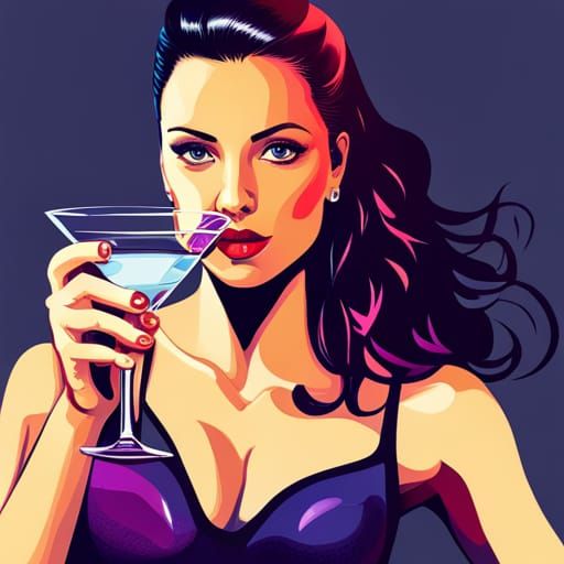 a brunette girl holding a martini glas, in the style of gta vice city