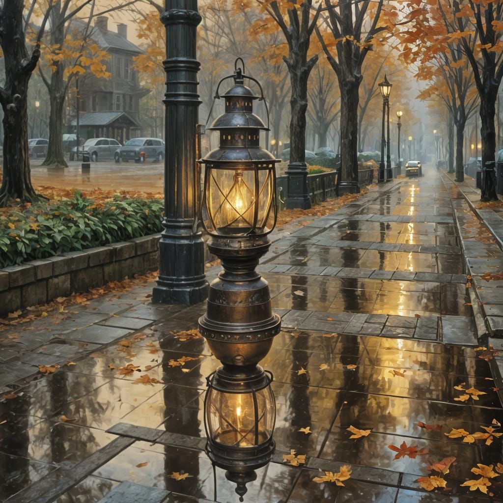 Rainy Autumn Evening: Lonely Lantern Oil Painting