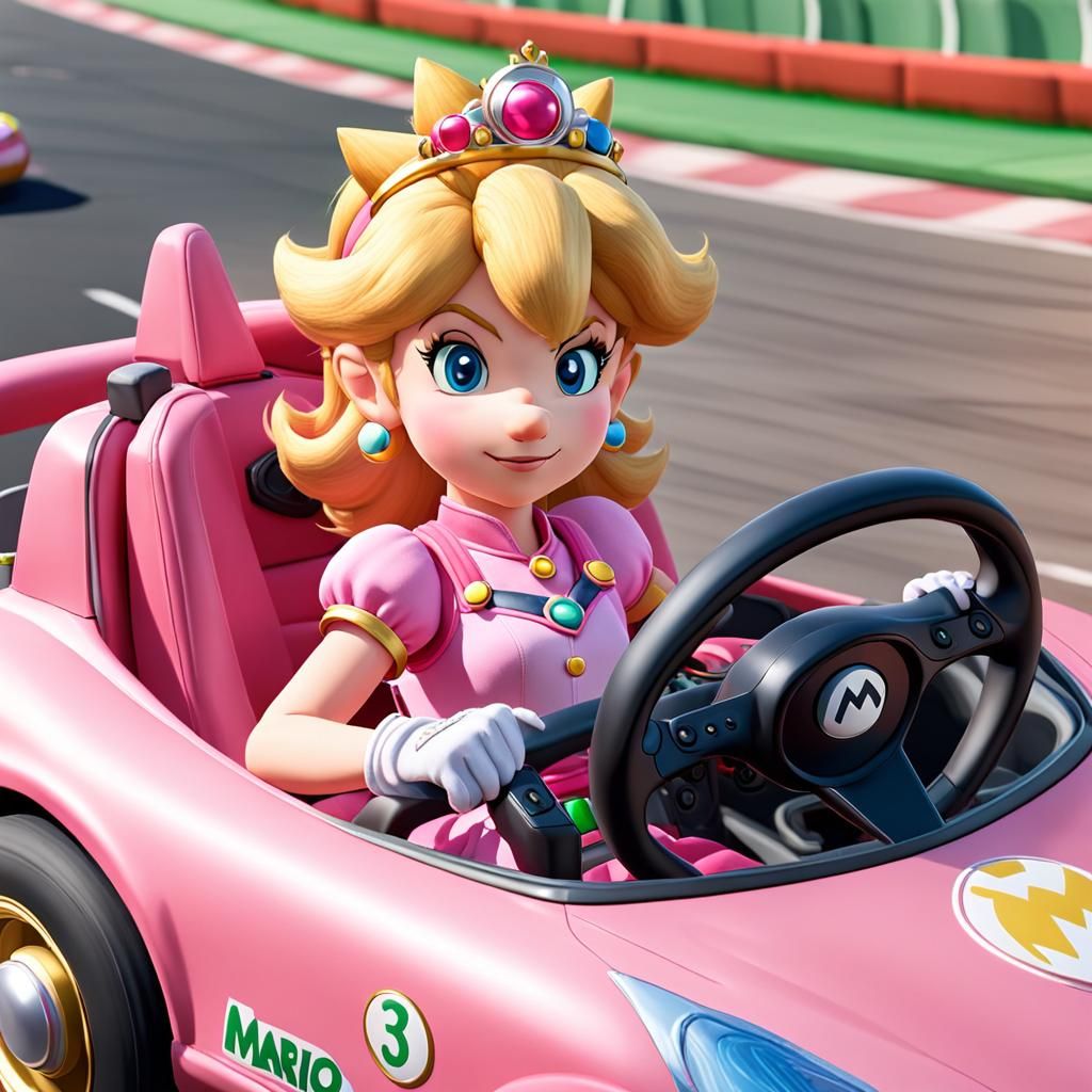 Peach Drives Pink Kart