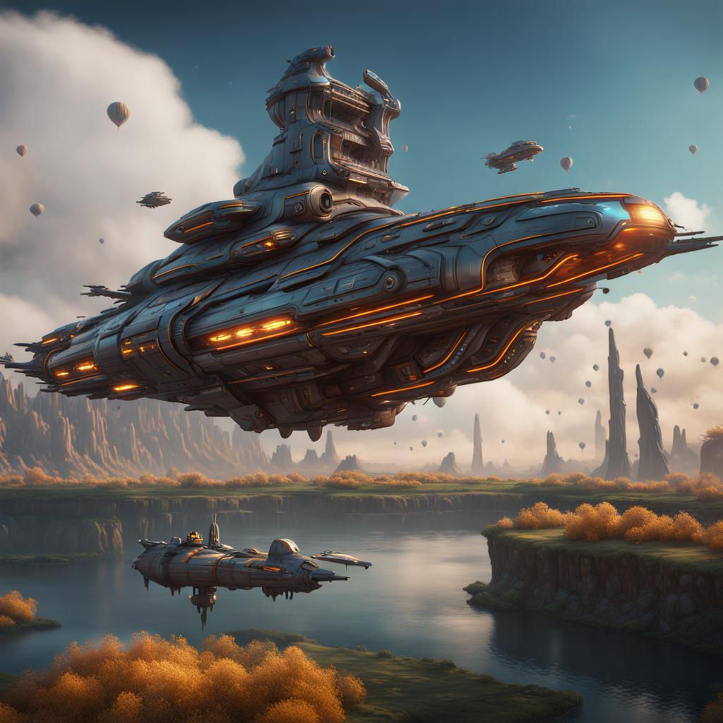 Duck Shaped Spaceship in Detailed Matte Painting