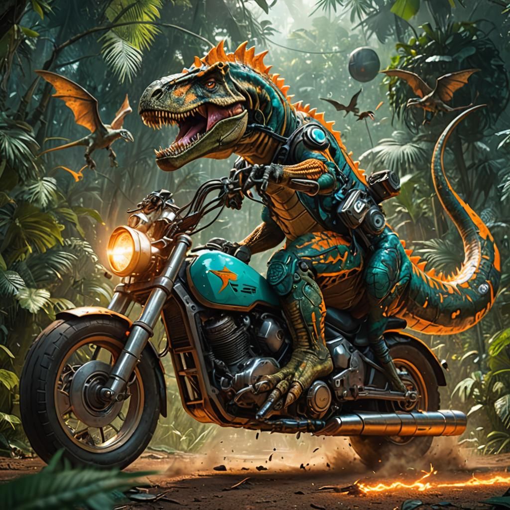 T-Rex on Motorcycle in Jungle, Sci-Fi Art