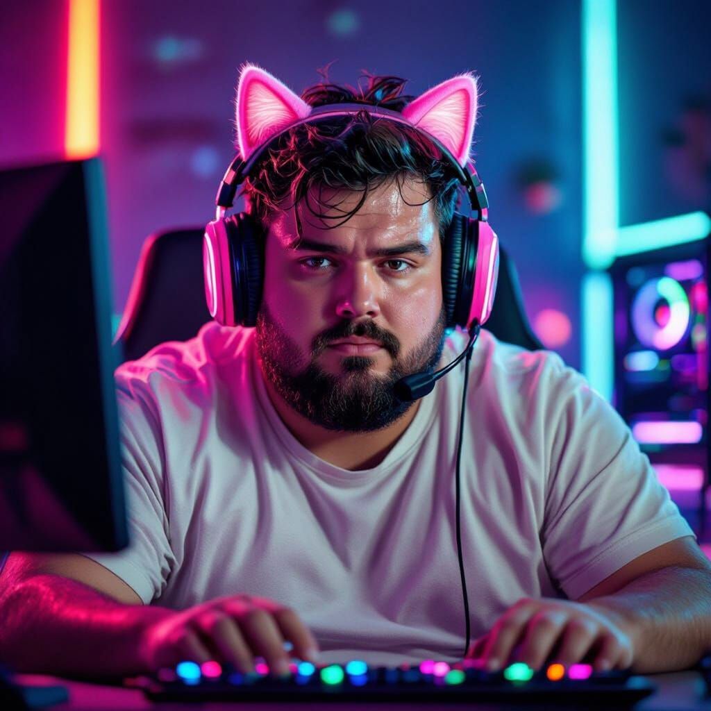 Sweaty Streamer with Cat Ear Headset, Digital Art