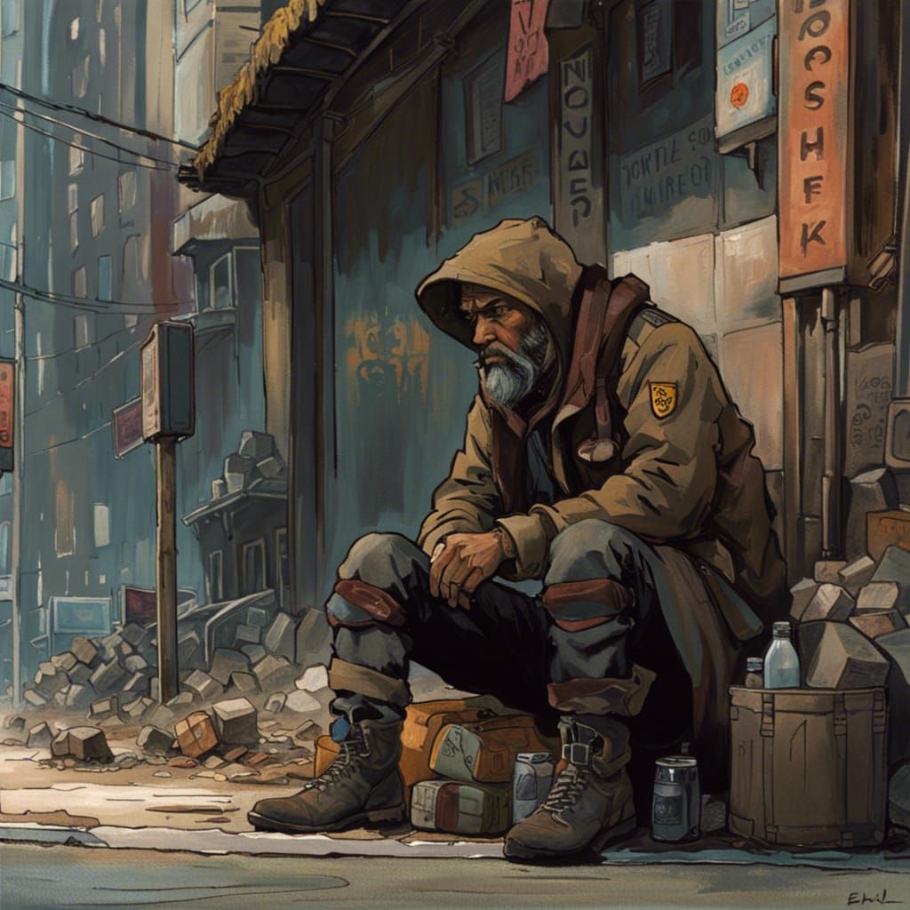 Dystopian Cityscape with Hobo in Graphic Novel Style