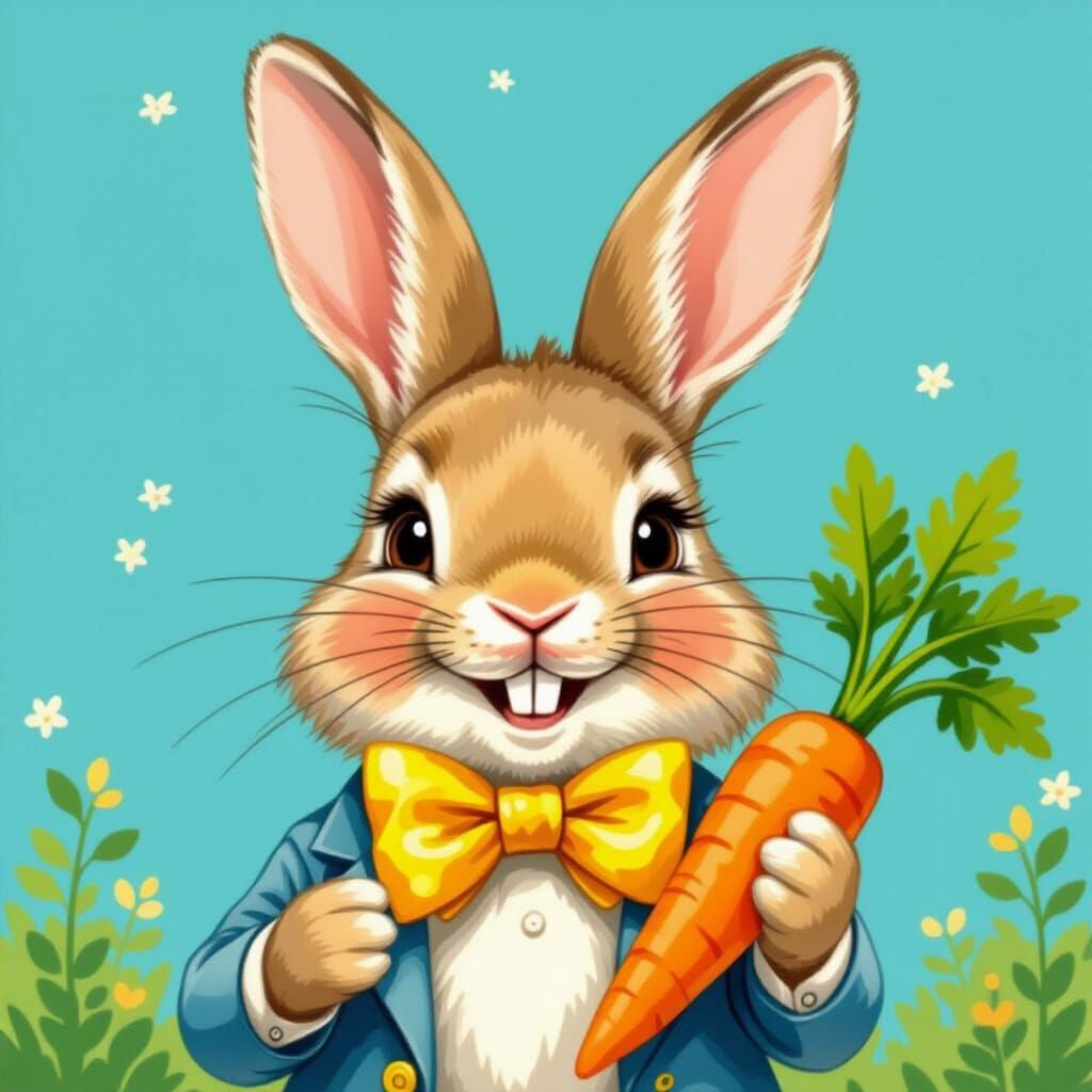 Happy Bunny Portrait in Children's Book Style