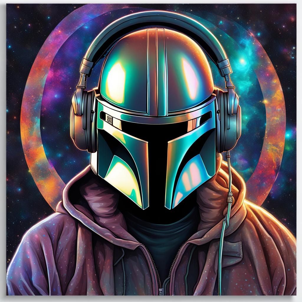Mandalorian with Headphones: Holographic Cosmic Illustration
