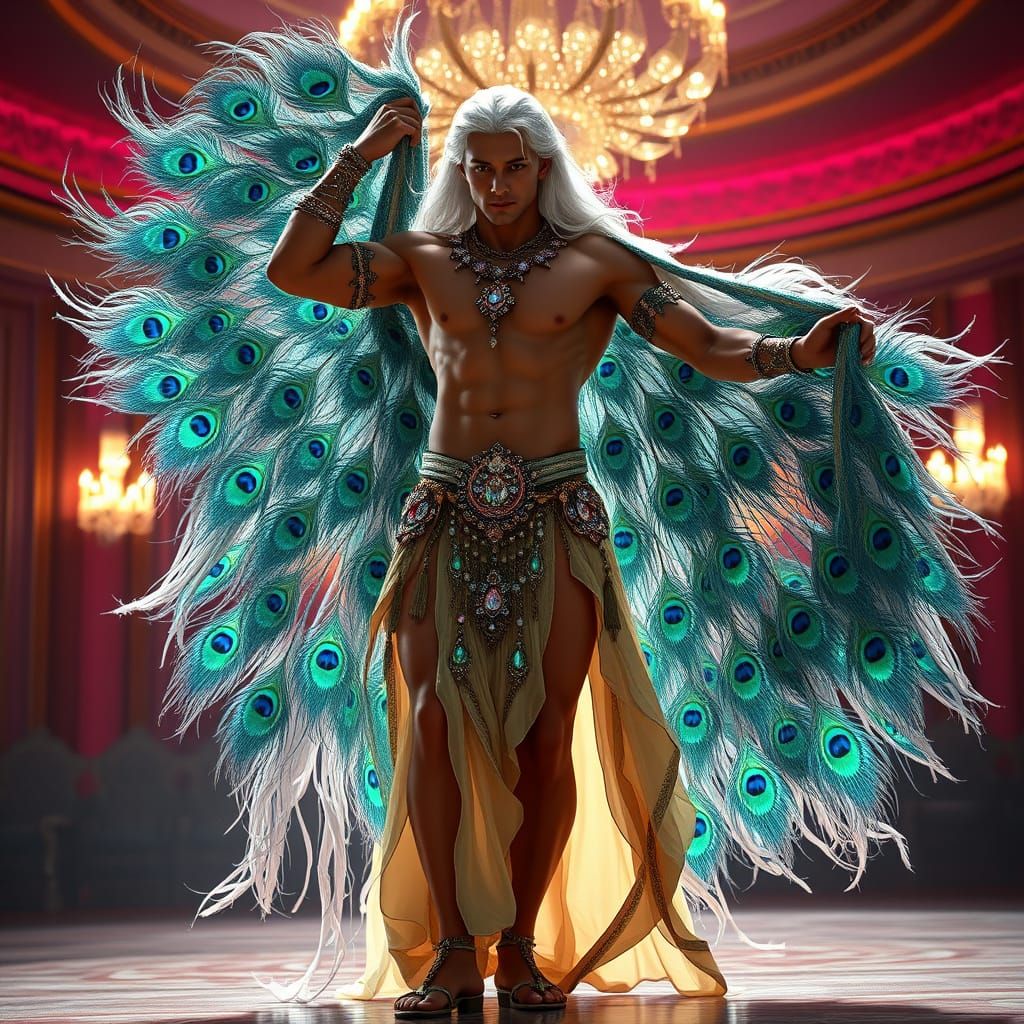 Powerful Male Belly Dancer in Iridescent Peacock Feathers