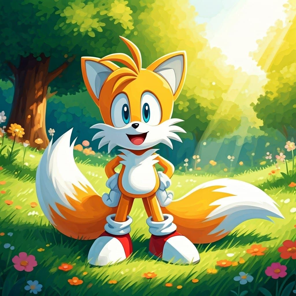 Tails Grinning in Sunny Meadow, Cel-Shaded Cartoon