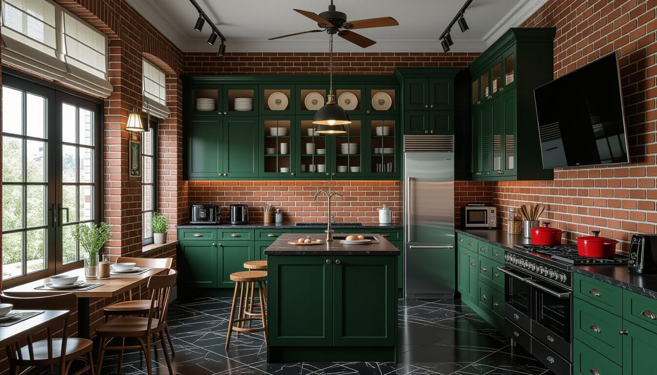 Victorian Dark Green Kitchen with Modern Appliances