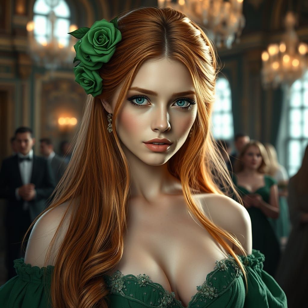 Ginger Beauty in Royal Green Ball Gown