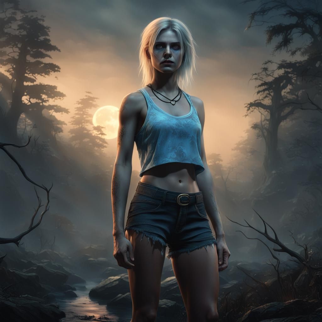 Ethereal Blonde Vampire in Misty Forest, Detailed Matte Text...